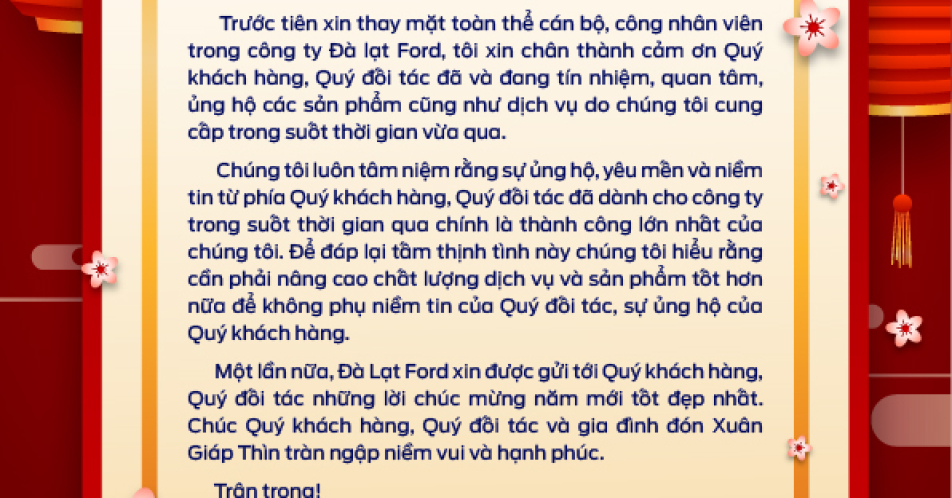 Thư Chúc Tết Giáp Thìn của Tổng Giám đốc công ty Đà Lạt Ford