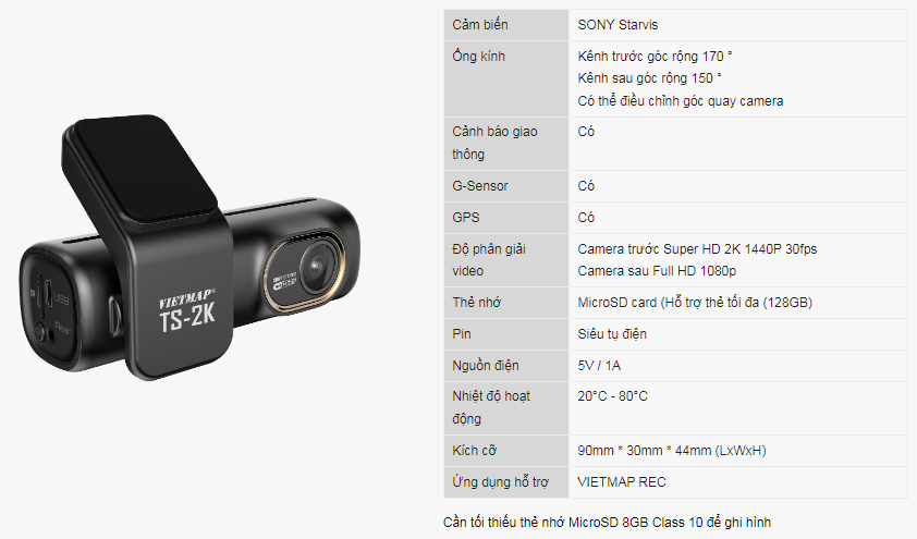 Thông số kĩ thuật camera Vietmap TS-2K